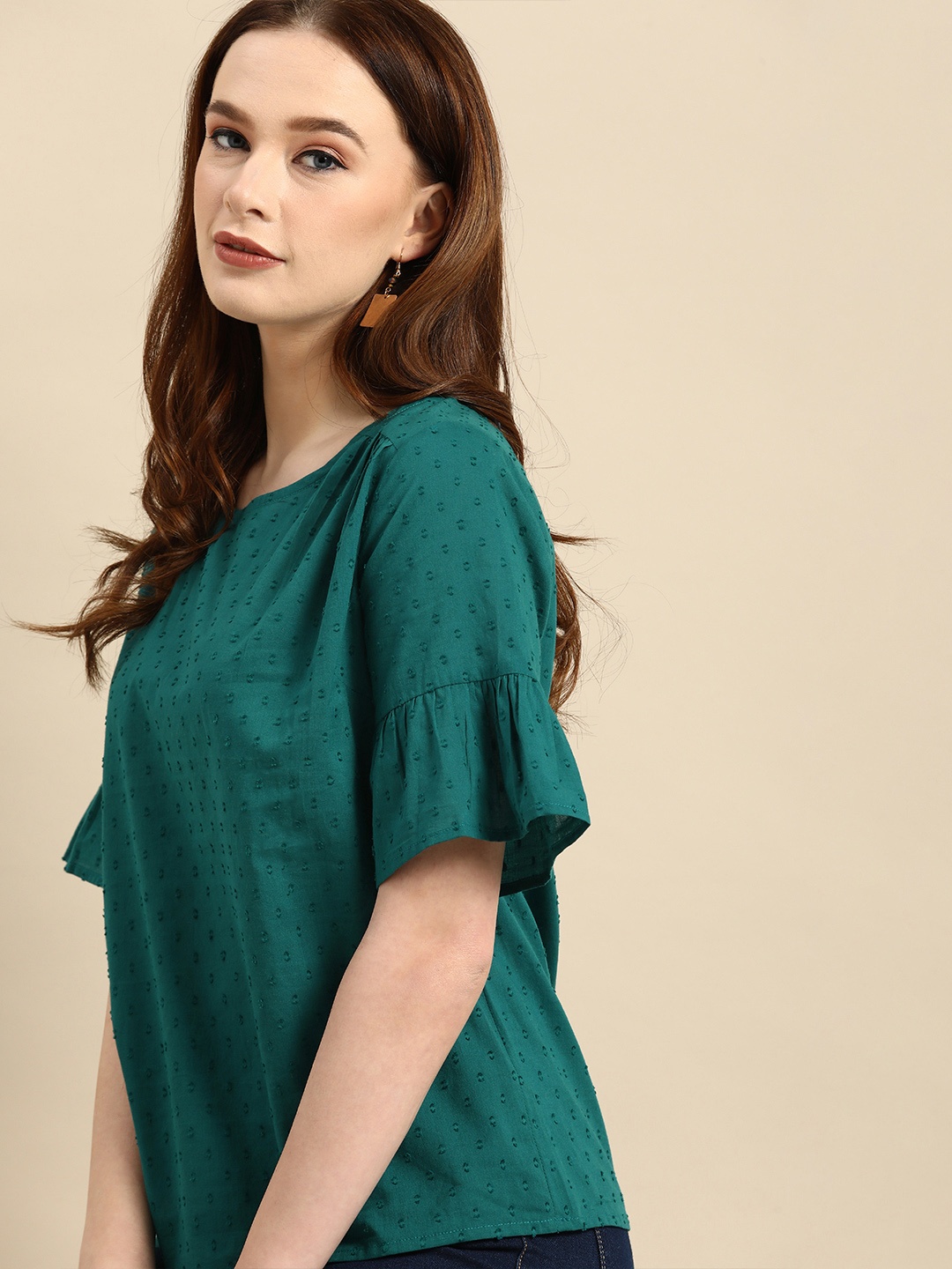 

all about you Teal Green Embroidered Pure Cotton Regular Top