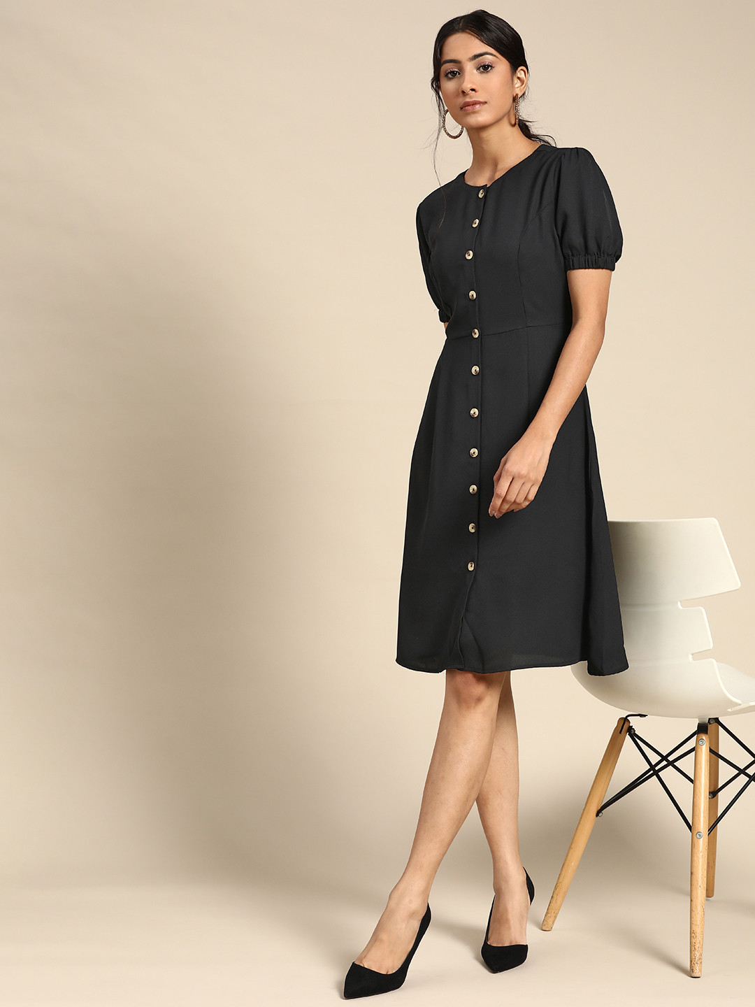 

all about you Black Solid A-Line Midi Dress