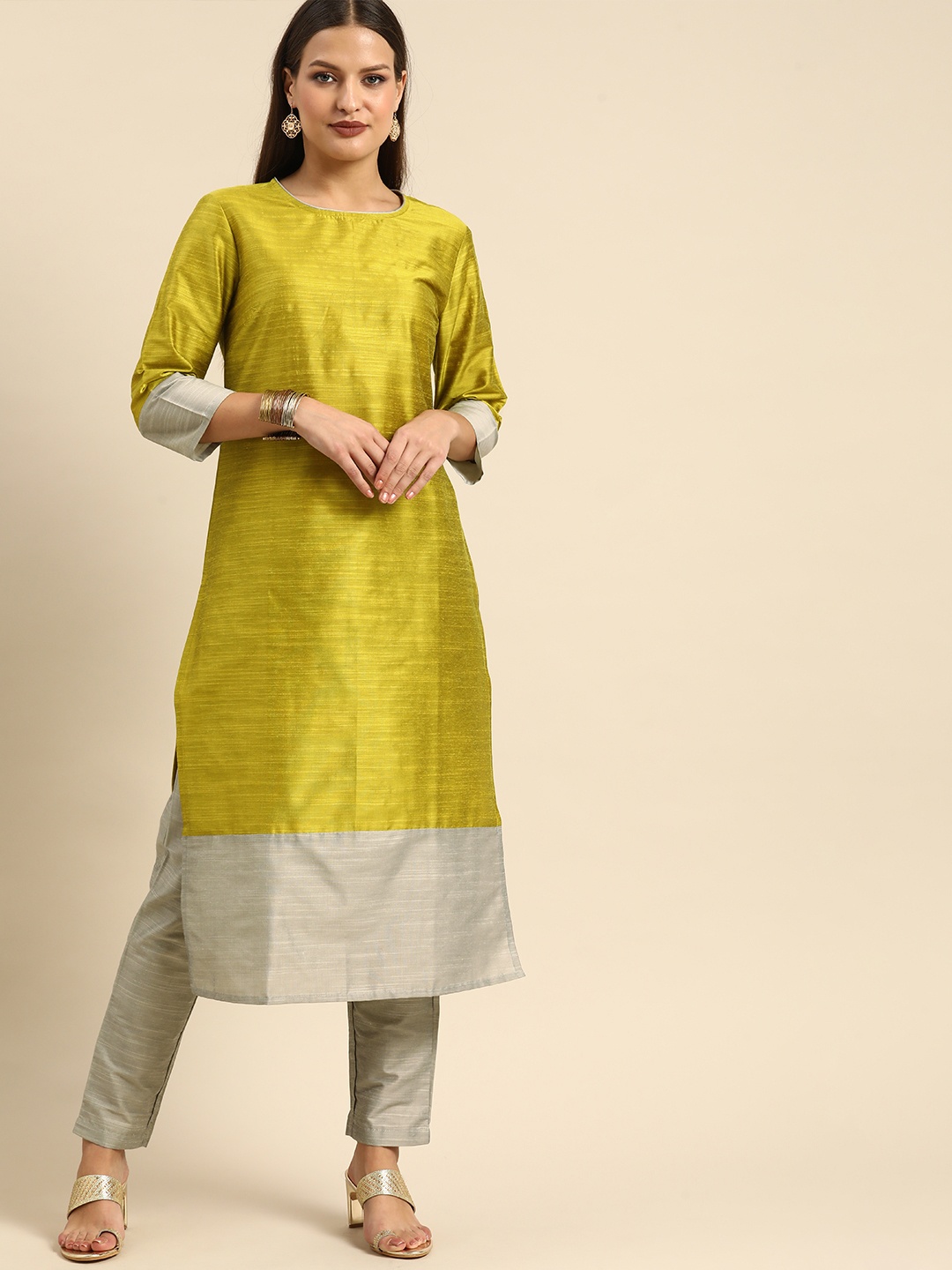 

all about you Women Lime Green Colourblocked Kurta with Trousers