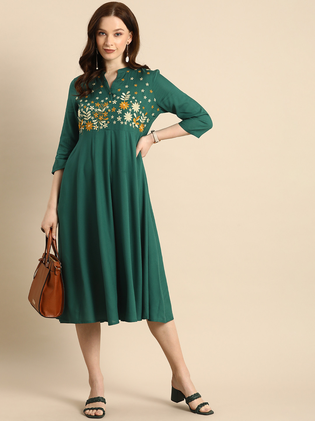 

all about you Green & Beige Floral Embroidered A-Line Midi Dress