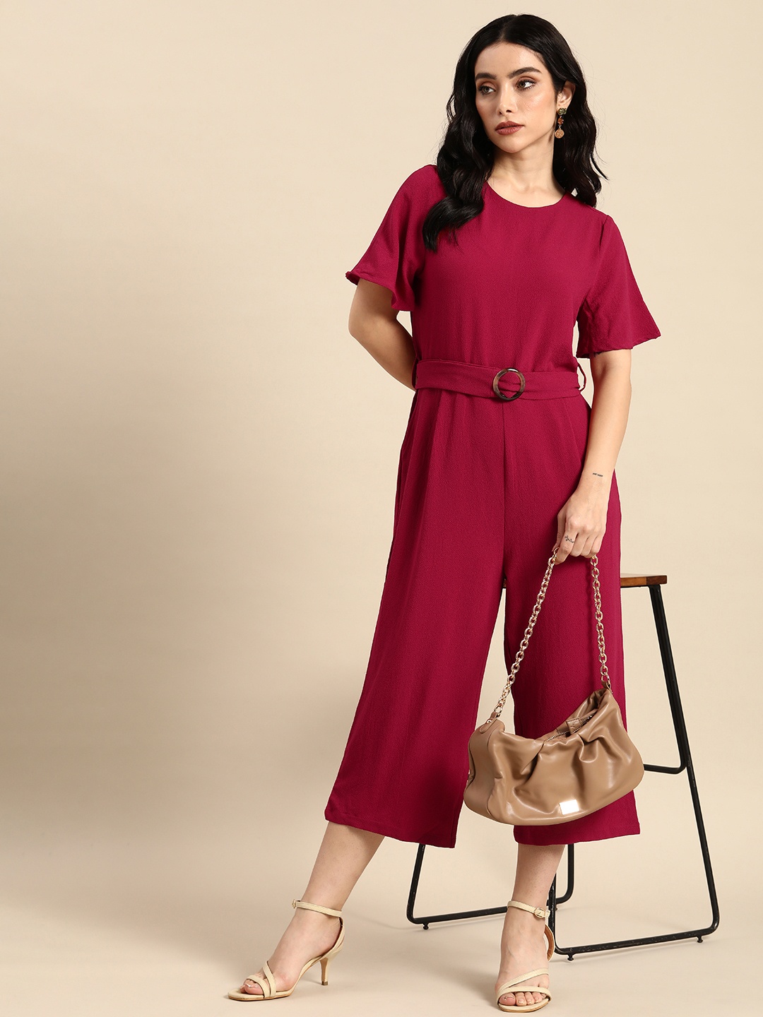 

all about you Burgundy Solid Basic Jumpsuit with Waist Tie-Ups
