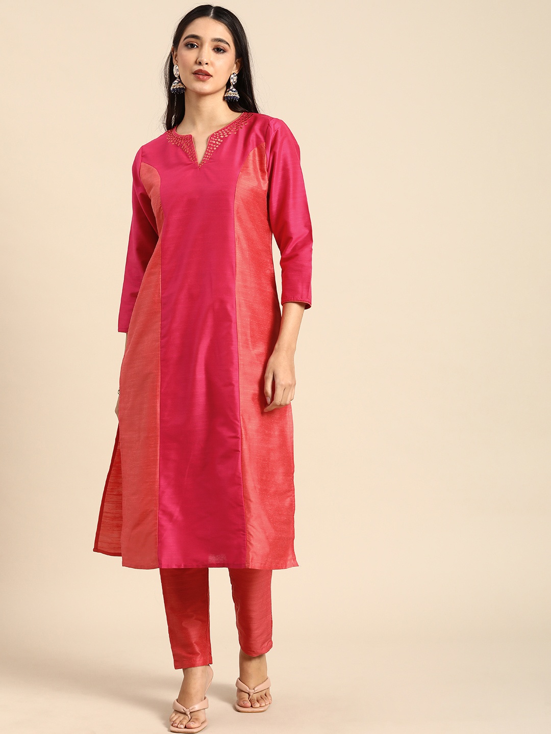 

all about you Women Pink & Peach Colourblocked Kurta with Trousers