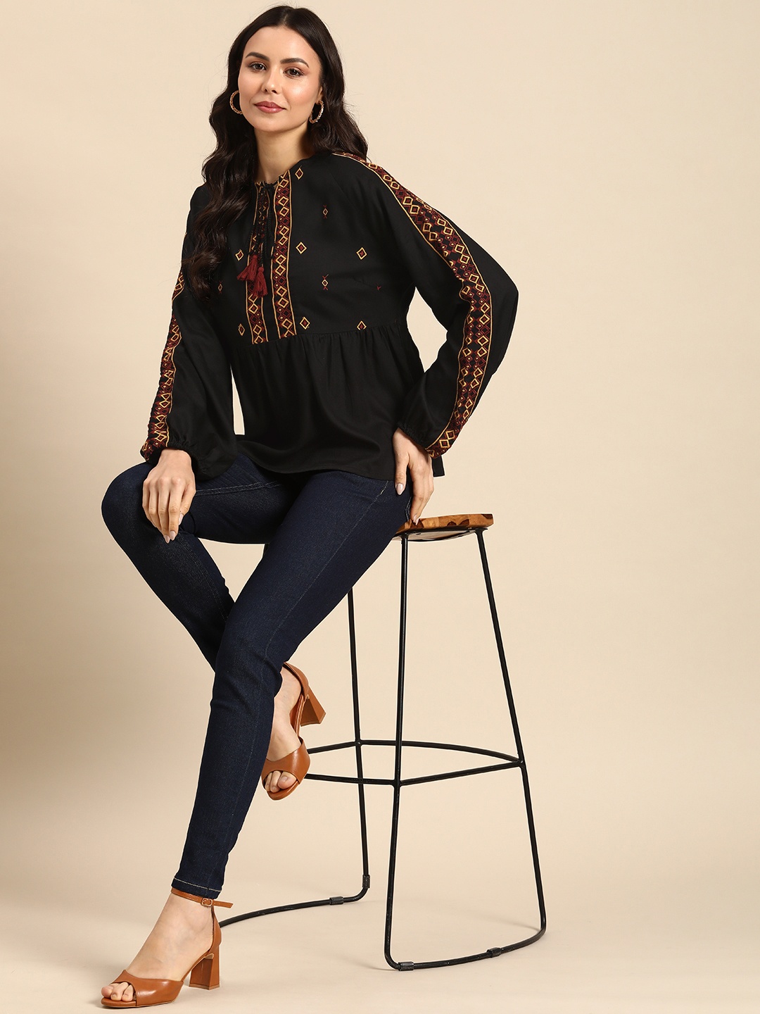 

all about you Geometric Embroidered Tie-Up Neck A-Line Top, Black
