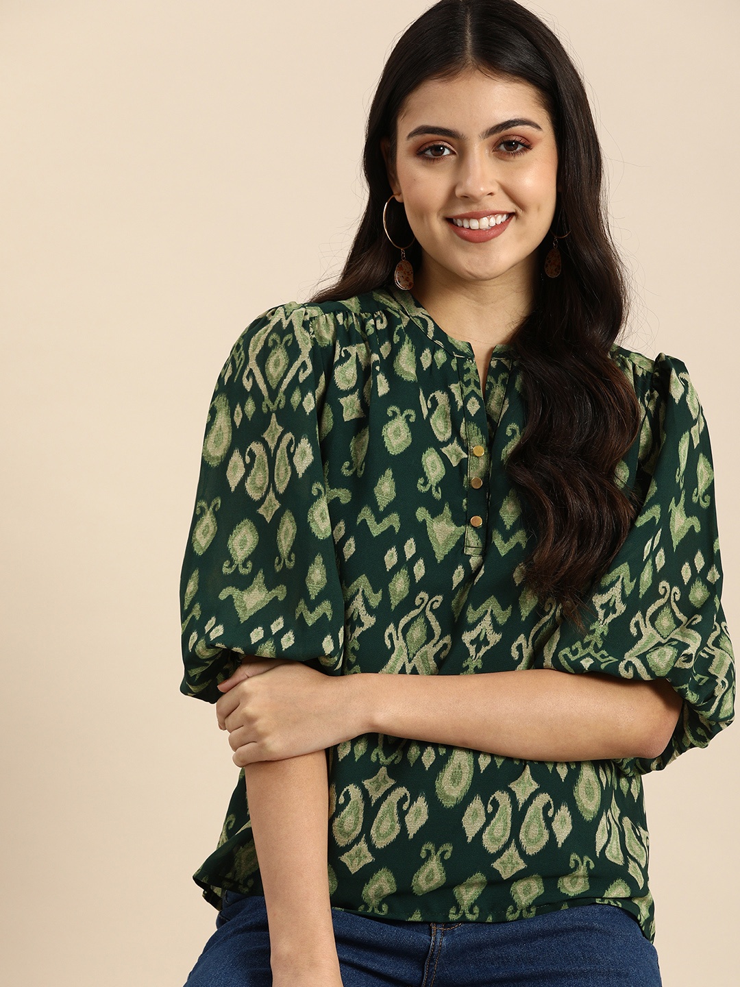 

all about you Women Green & Beige Print Top