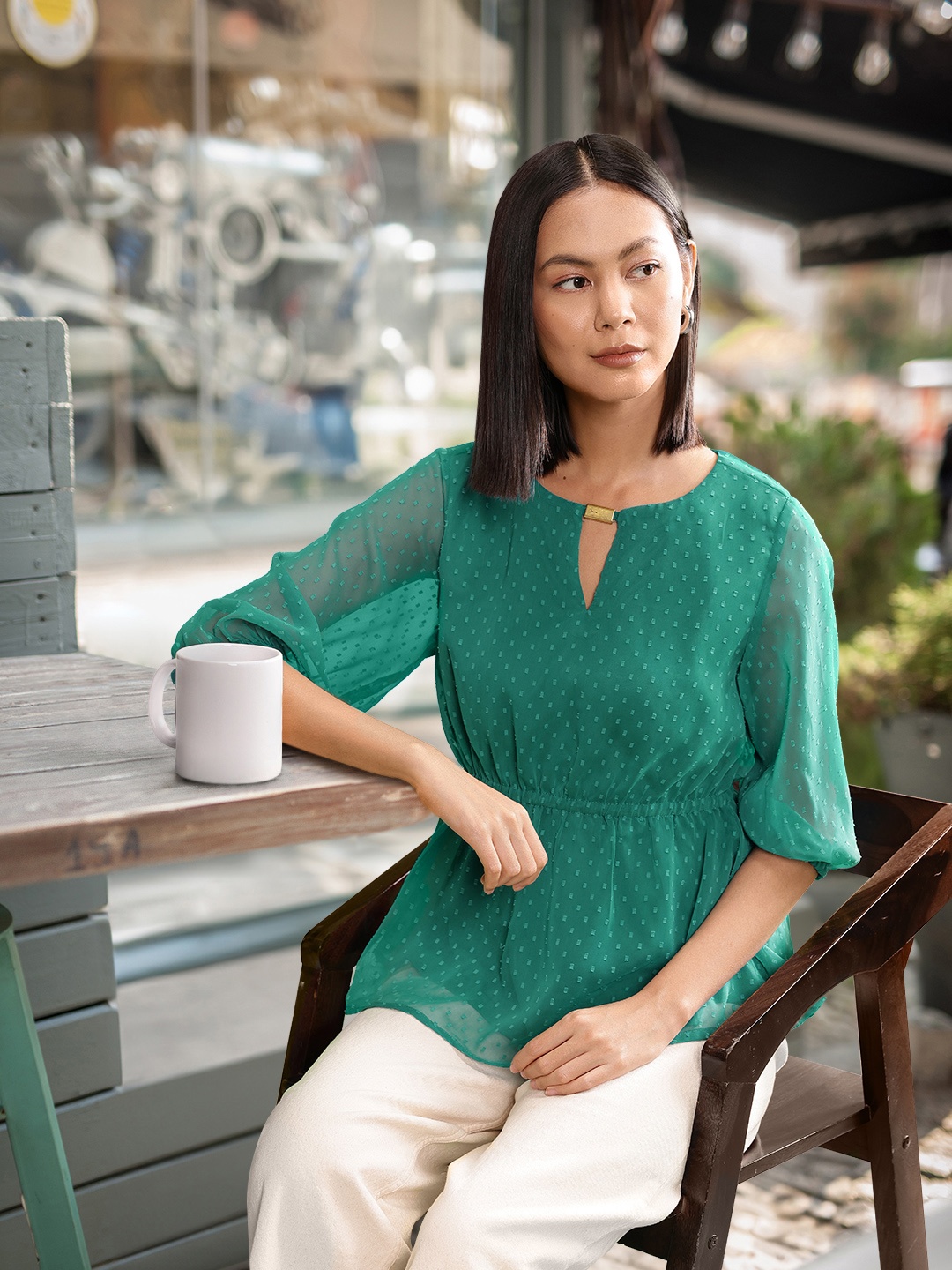 

all about you Teal Blue Self Design Keyhole Neck Peplum Top
