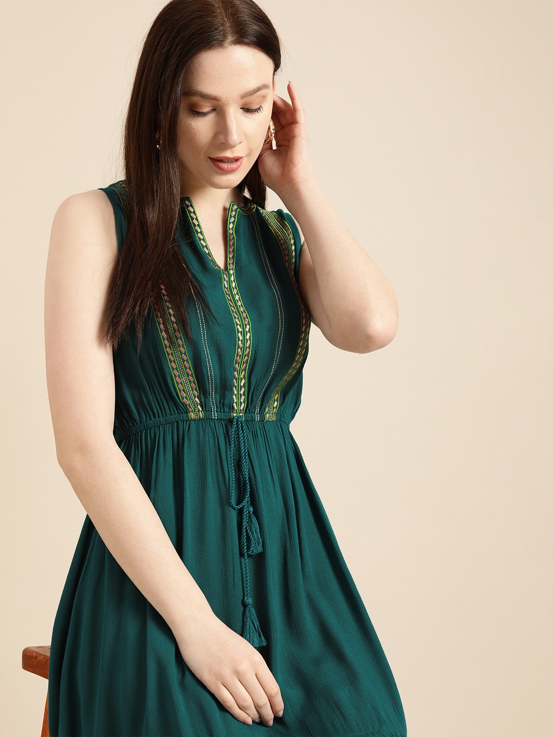 

all about you Blue & Gold-toned Embroidered Sleevless A-Line Midi Dress