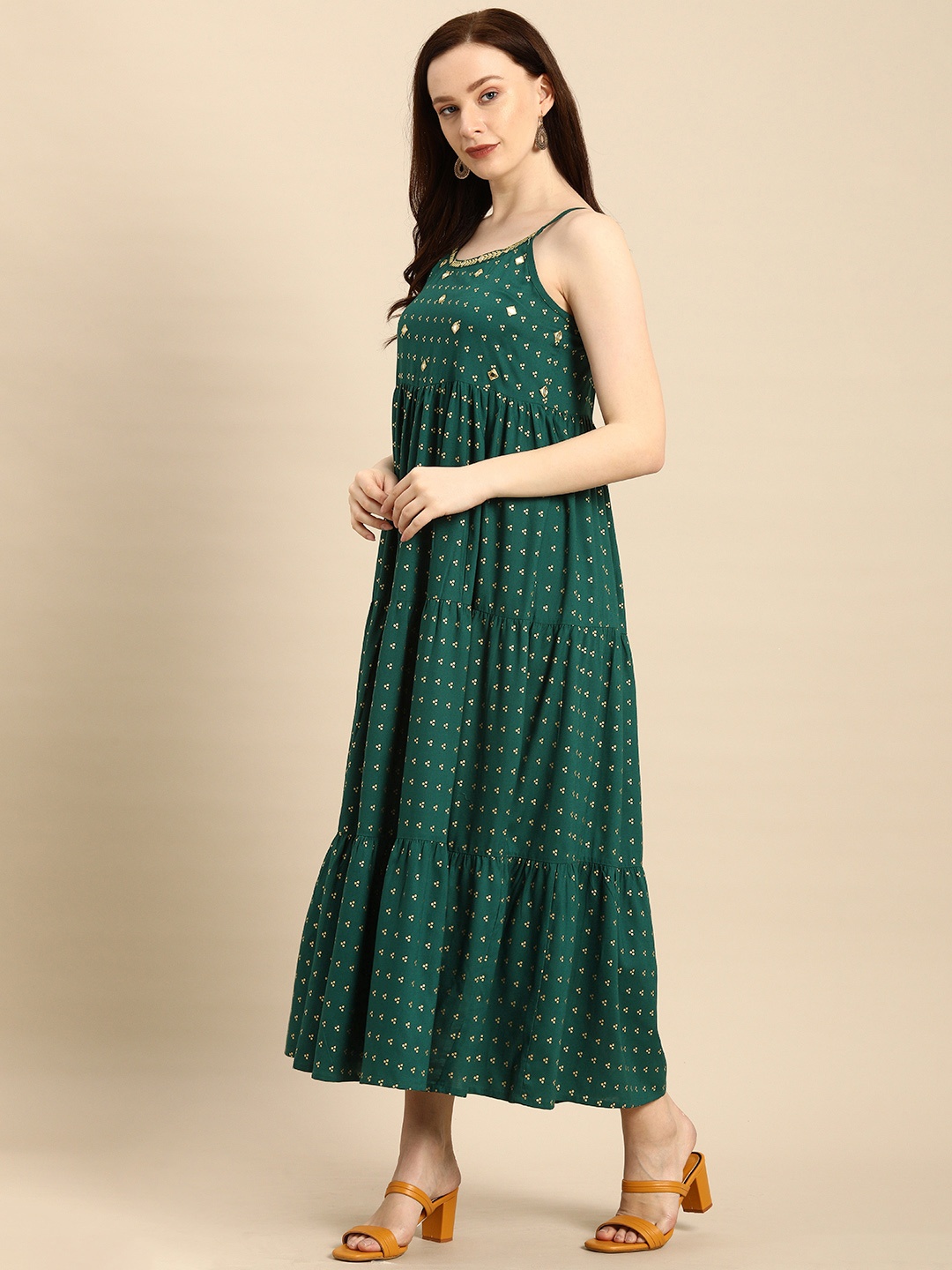 

all about you Green & Gold-Toned Ethnic Motifs Embroidered Maxi Dress