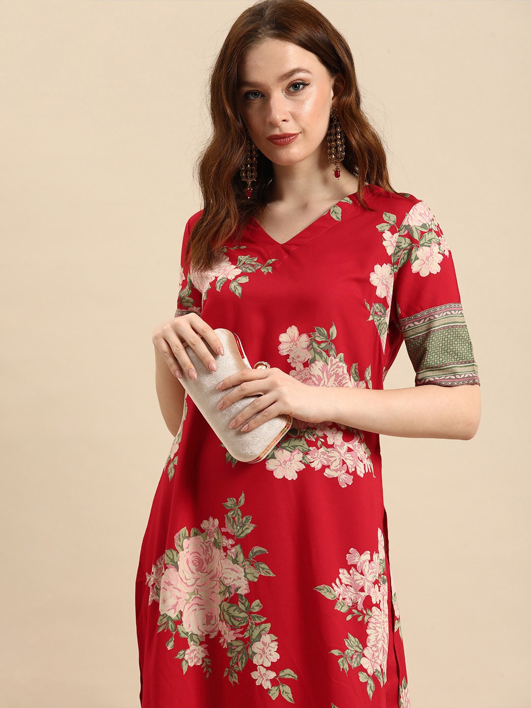 

all about you Women Red Floral Printed Kurta with Trousers
