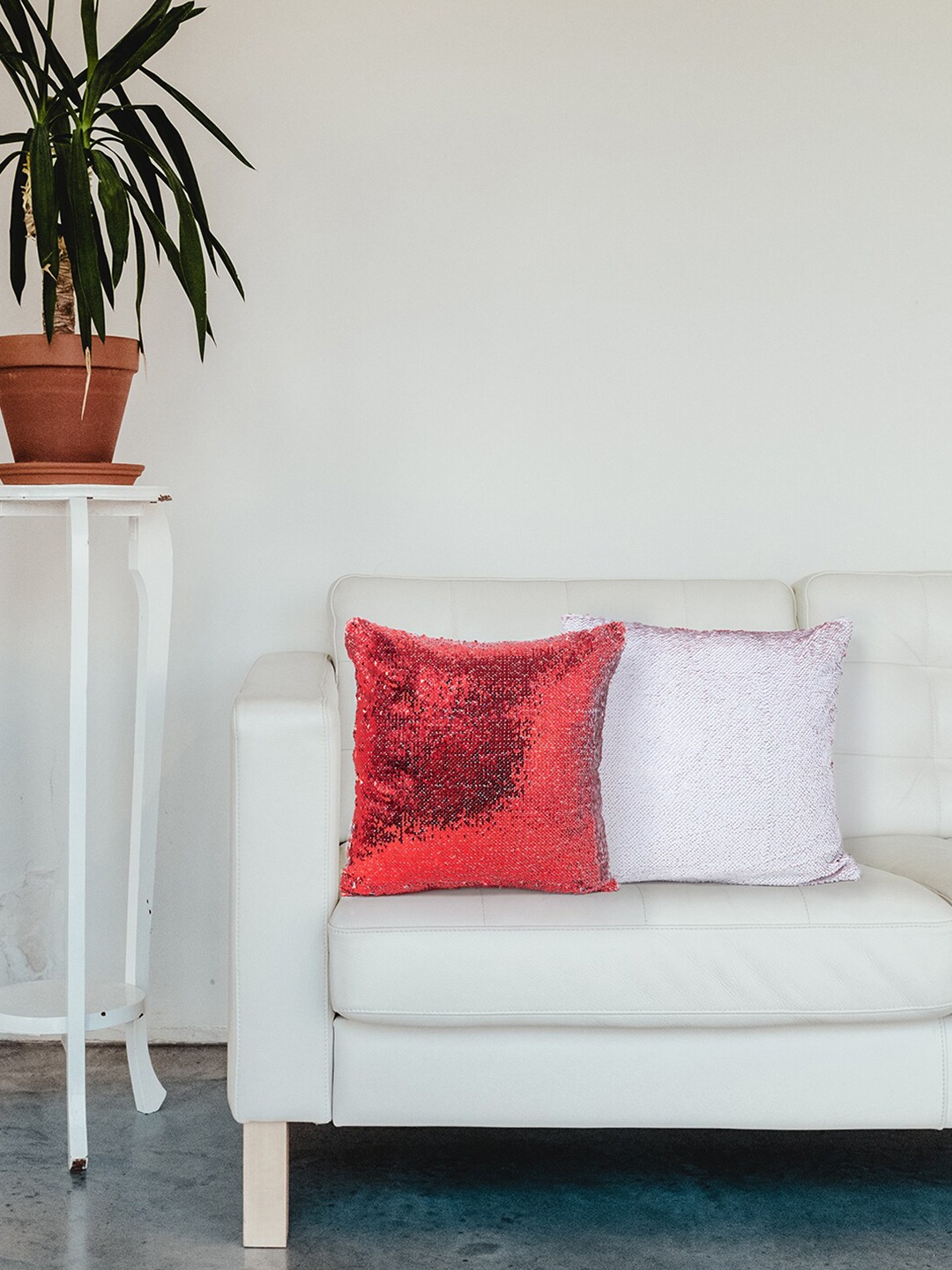 

Golden Peacock Red & White Set of 2 Sequin Embellished Square Cushion Covers