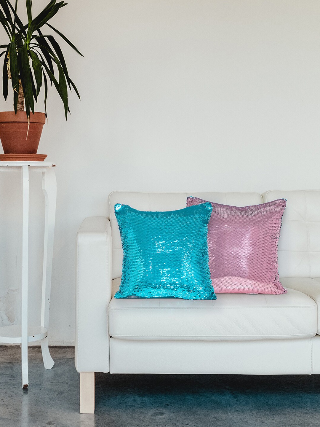 

Golden Peacock Set of 2 Blue & Pink Embellished Square Cushion Covers