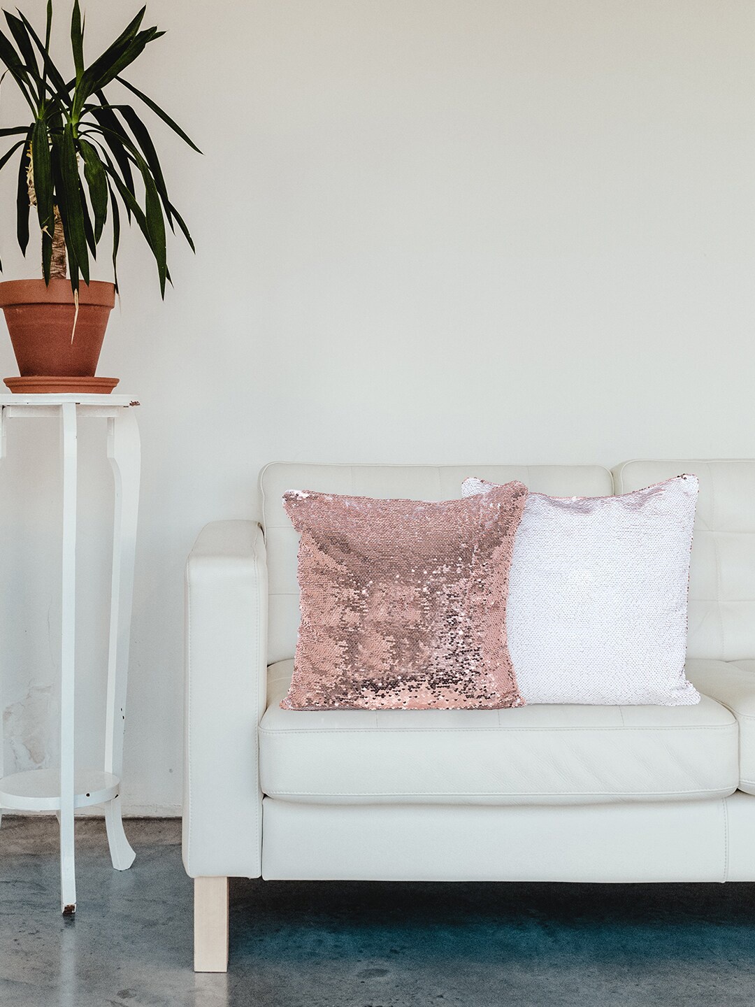 

Golden Peacock Pink & White Set of 2 Embellished Square Cushion Covers