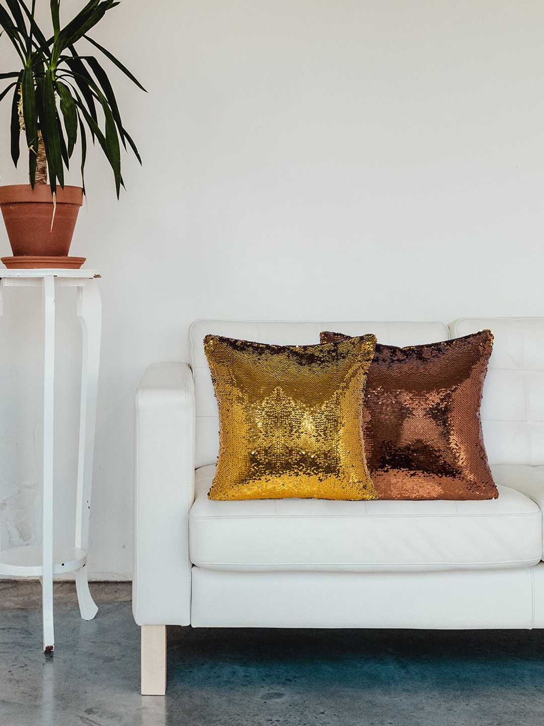 

Golden Peacock Yellow & Brown Set of 2 Embellished Square Cushion Covers