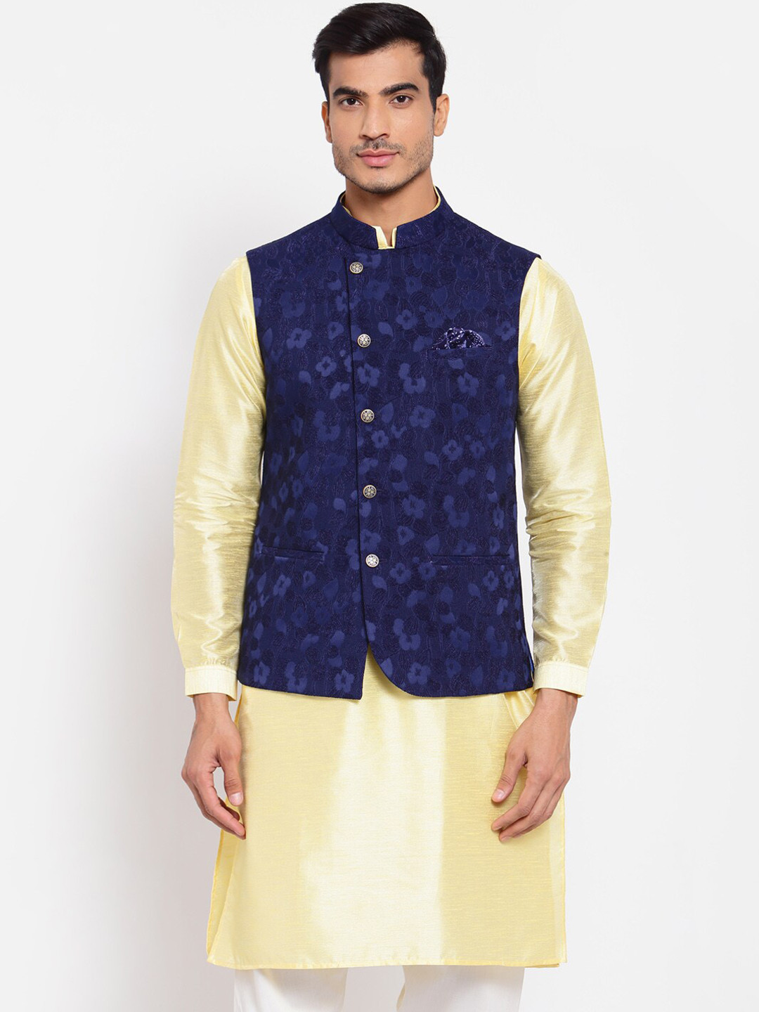 

MAXENCE Men Blue Self-Design Cotton Woven Nehru Jacket