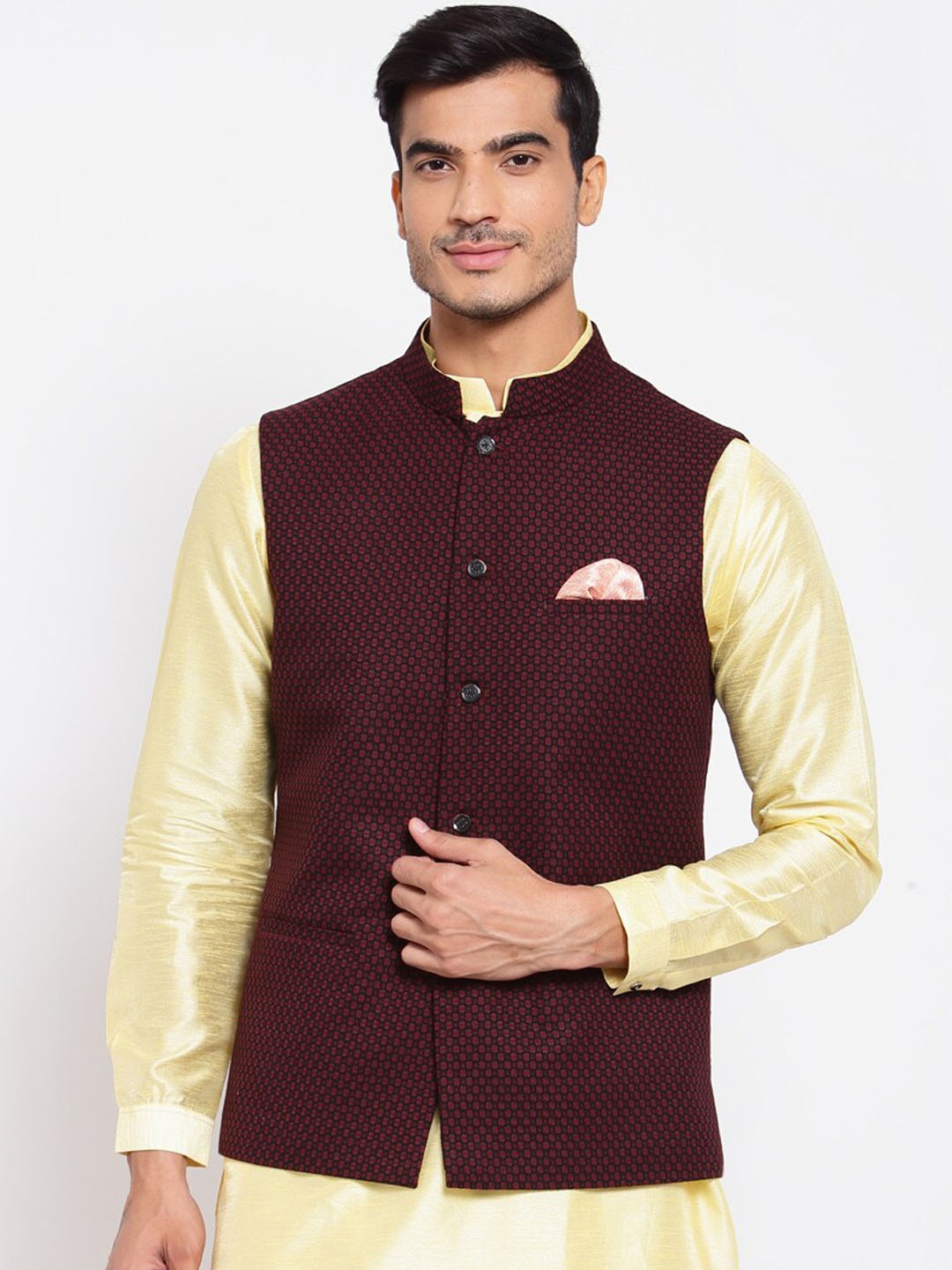 

MAXENCE Men Maroon & Black Self-Design Cotton Woven Nehru Jacket