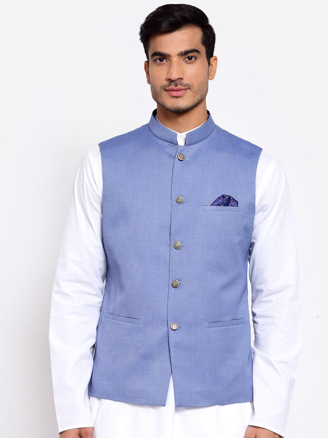 

MAXENCE Men Blue Woven Design Satin Nehru Jacket