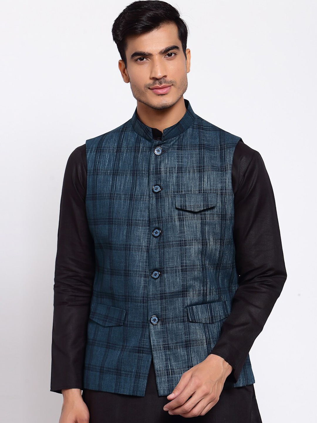 

MAXENCE Men Turquoise Blue & Black Checked Pure Cotton Nehru Jacket
