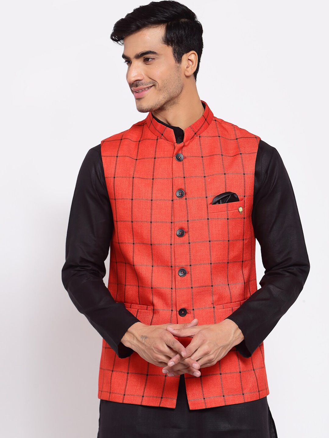 

MAXENCE Men Red & Black Checked Cotton Woven Nehru Jacket