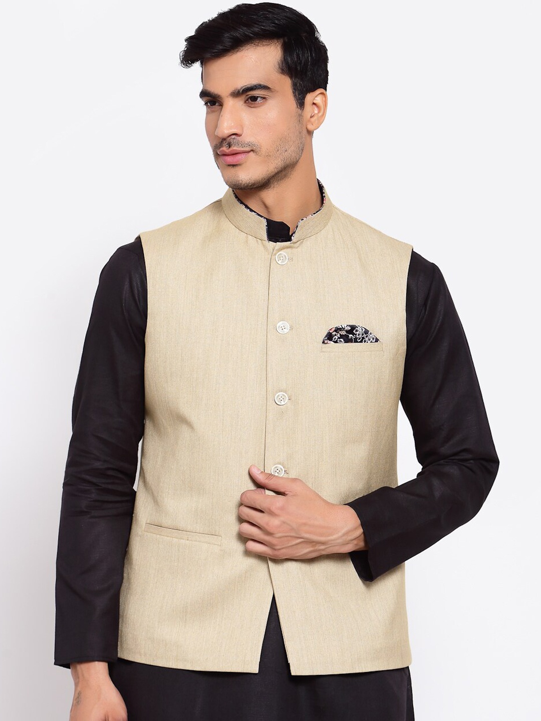

MAXENCE Men Gold Solid Pure Cotton Nehru Jacket
