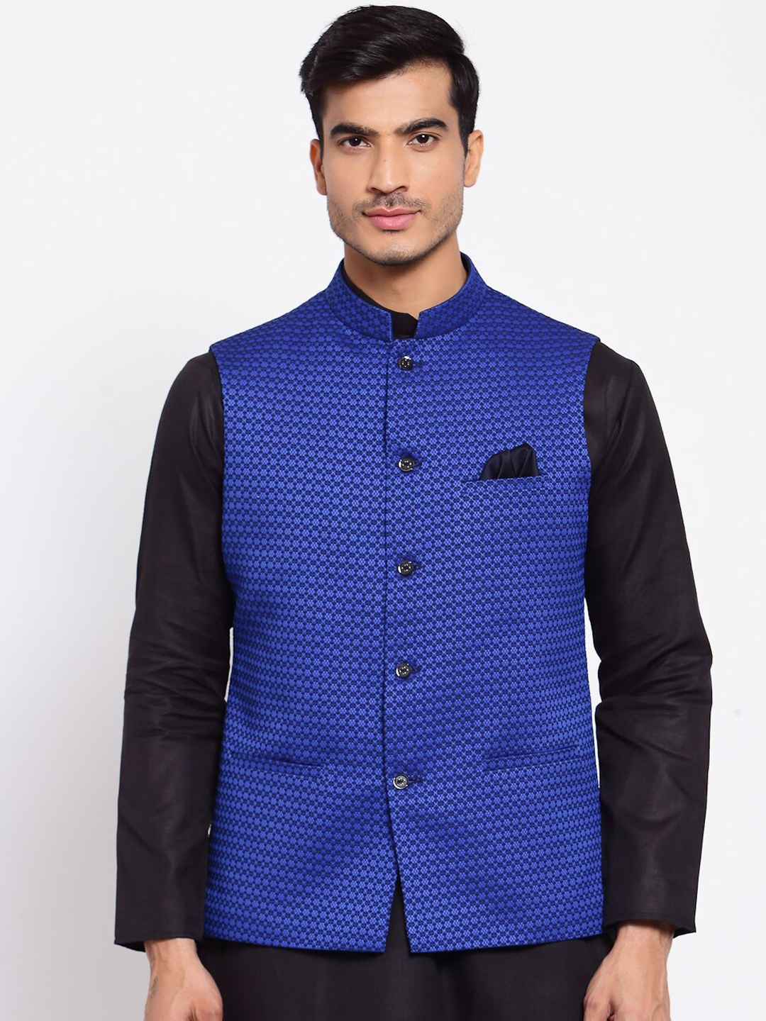 

MAXENCE Men Blue Woven Design Pure Cotton Nehru Jacket