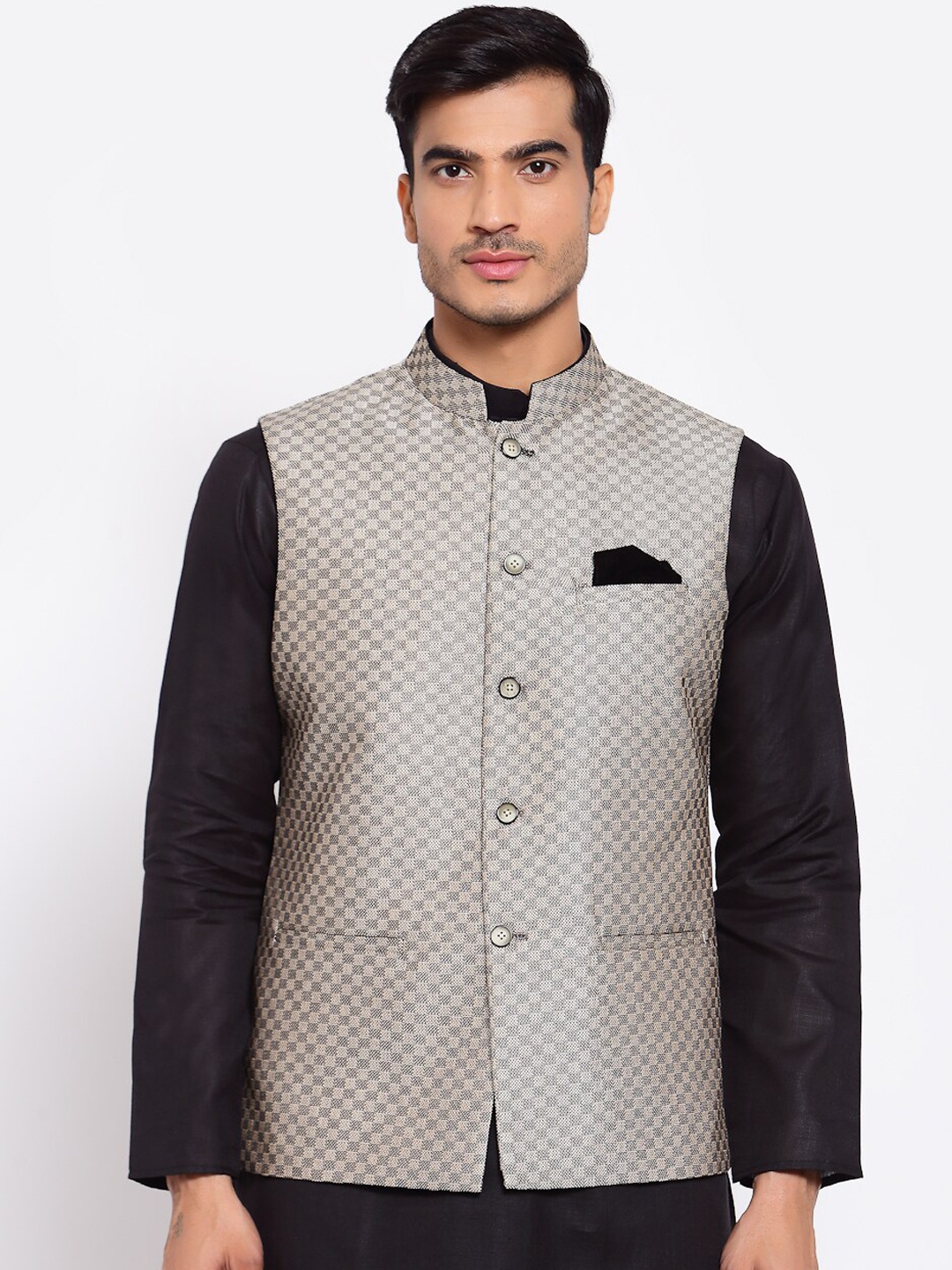 

MAXENCE Men Grey & Black Woven Design Nehru Jacket