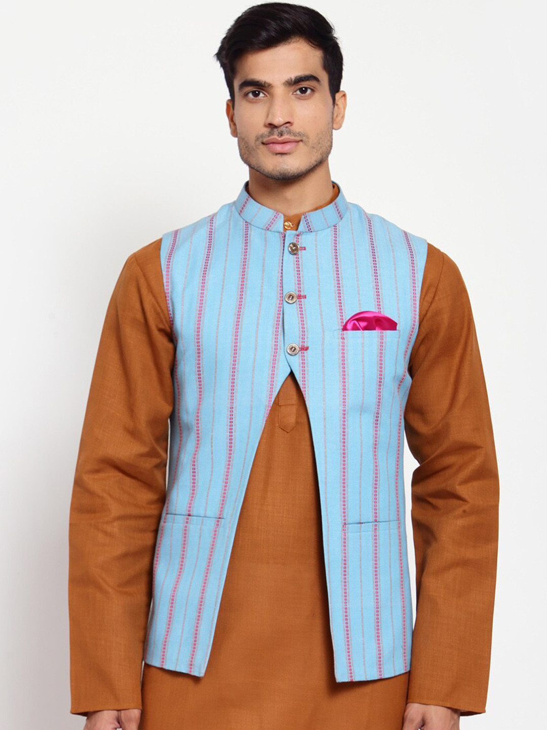 

MAXENCE Men Blue & Pink Printed Nehru Jacket