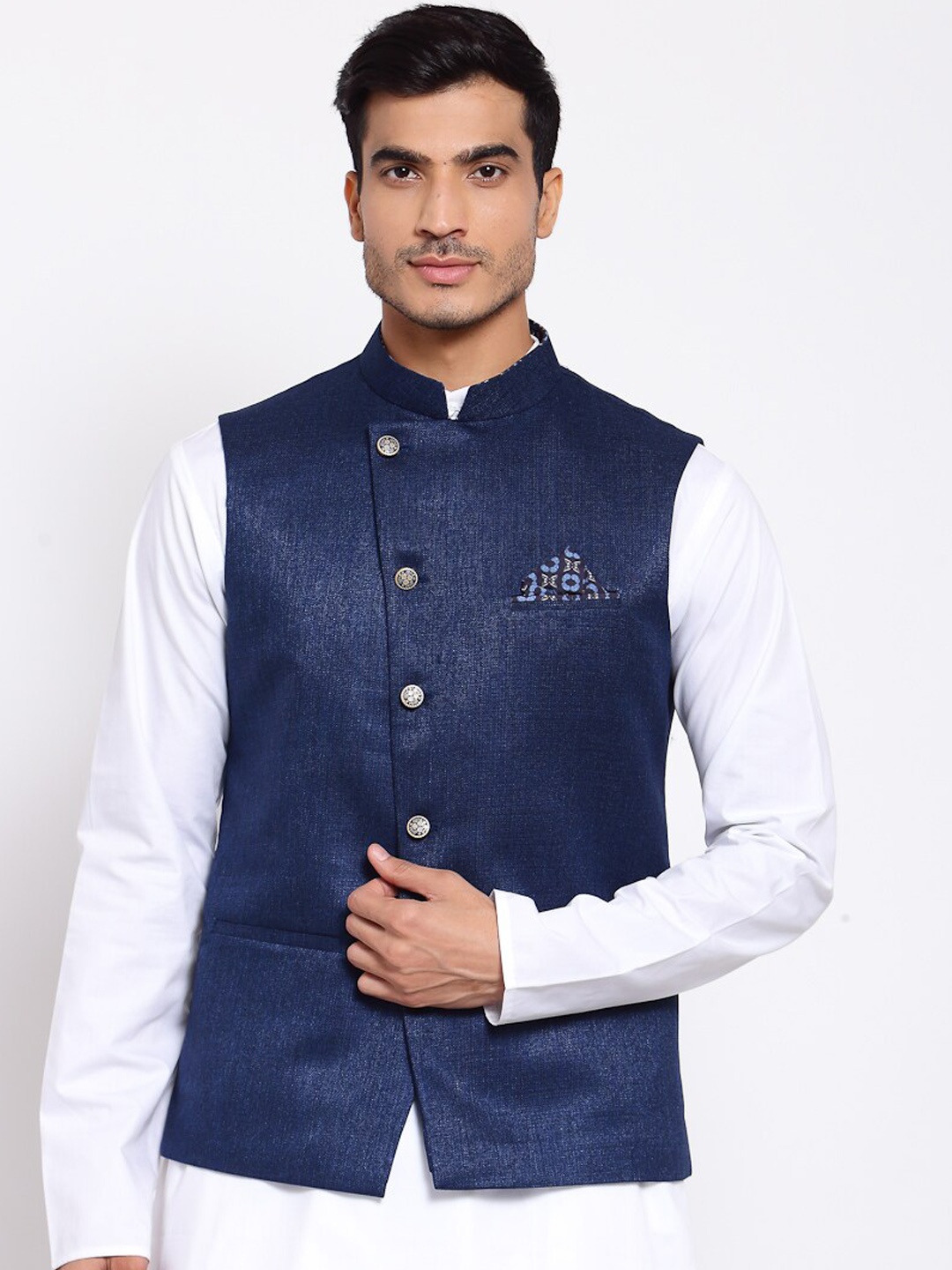 

MAXENCE Men Blue Solid Cotton Nehru Jacket