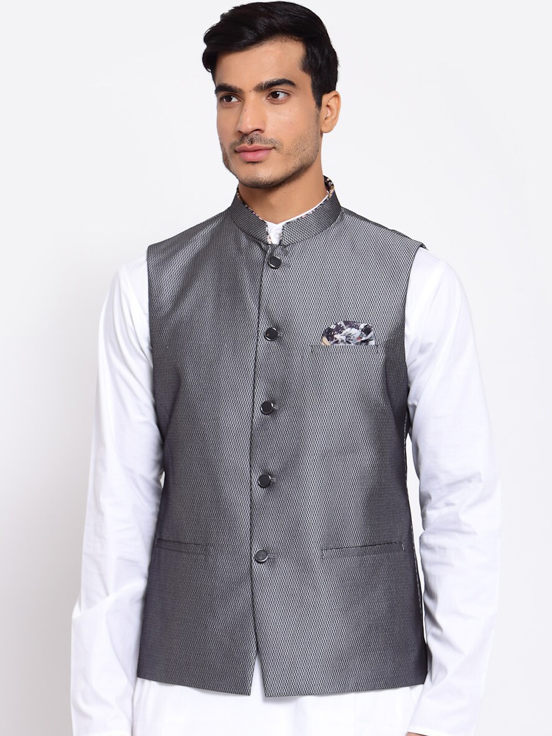 

MAXENCE Men Grey Printed Cotton Nehru Jacket