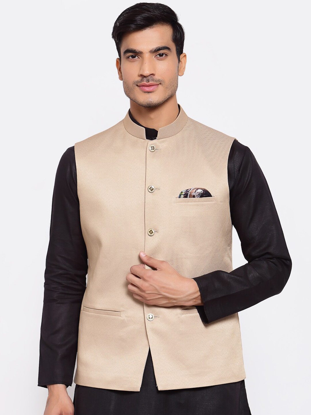 

MAXENCE Men Gold-Colored Solid Cotton Nehru Jacket