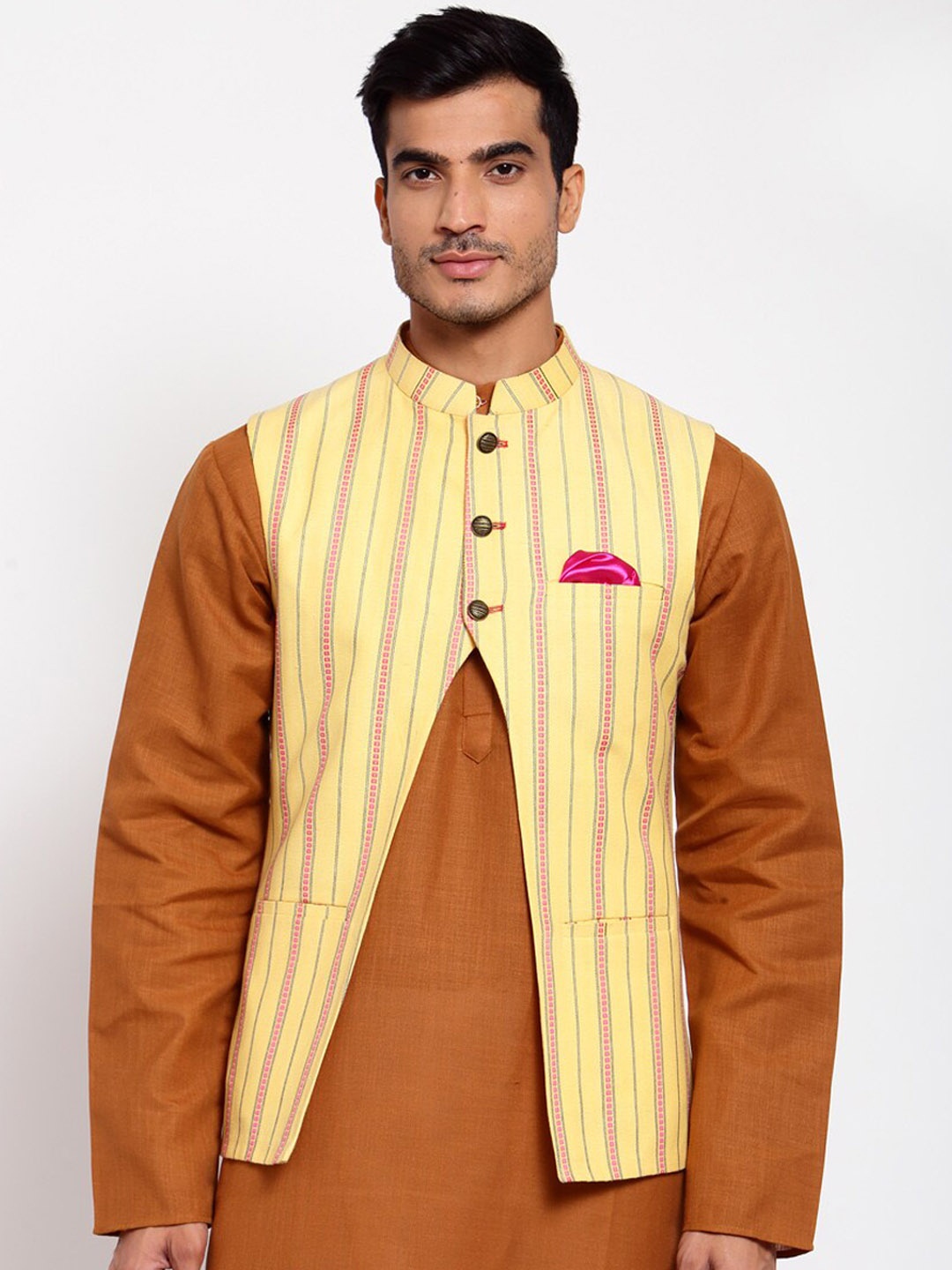 

MAXENCE Men Yellow & Pink Striped Cotton Nehru Jacket