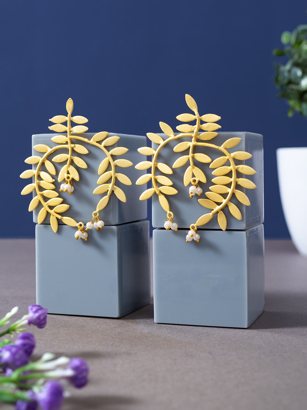 

Golden Peacock Gold-Toned Leaf Shaped Drop Earrings