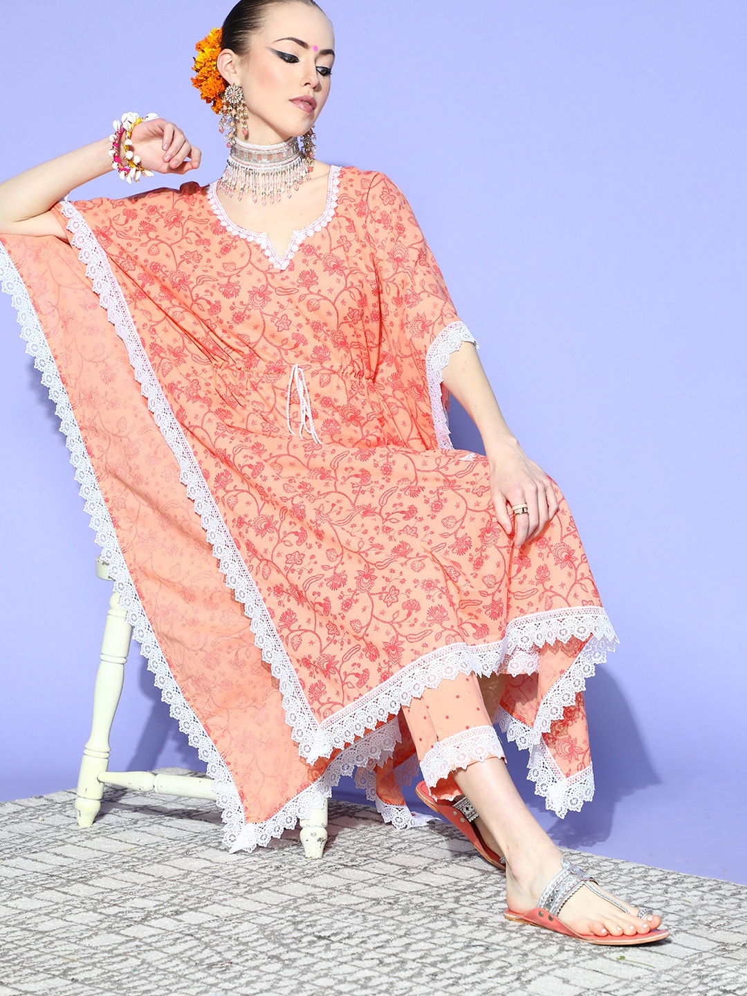 

mokshi Peach Pure Cotton New Age Kaftan Kurta Set