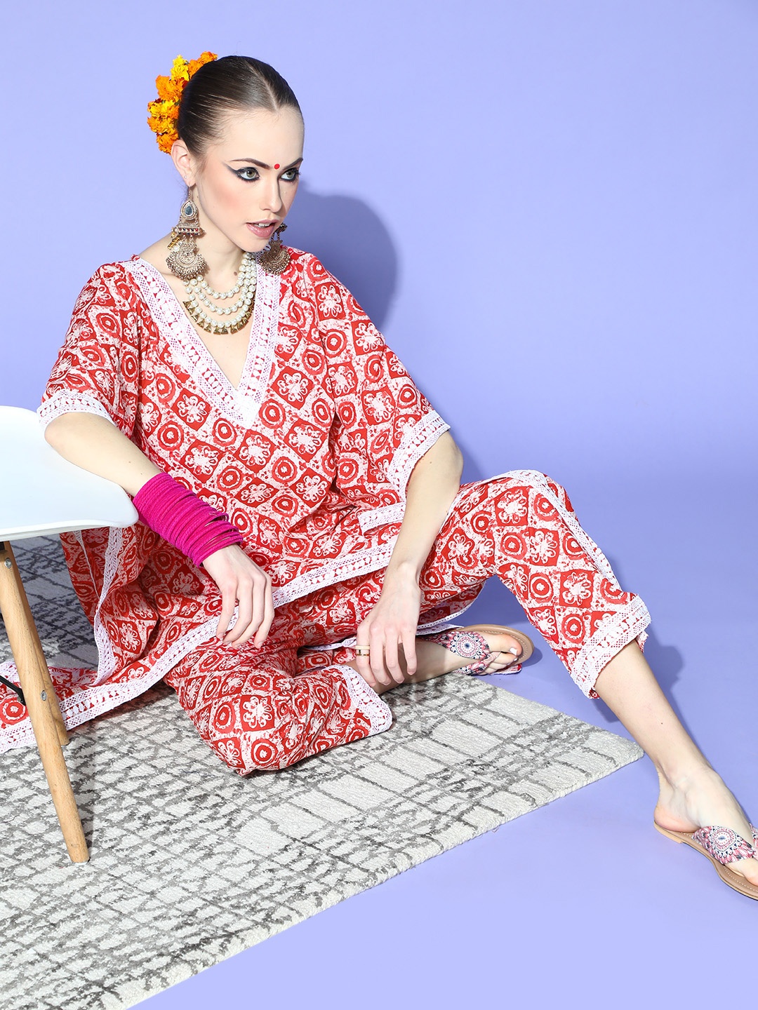 

mokshi Red Pure Cotton New Age Kaftan Kurta Set