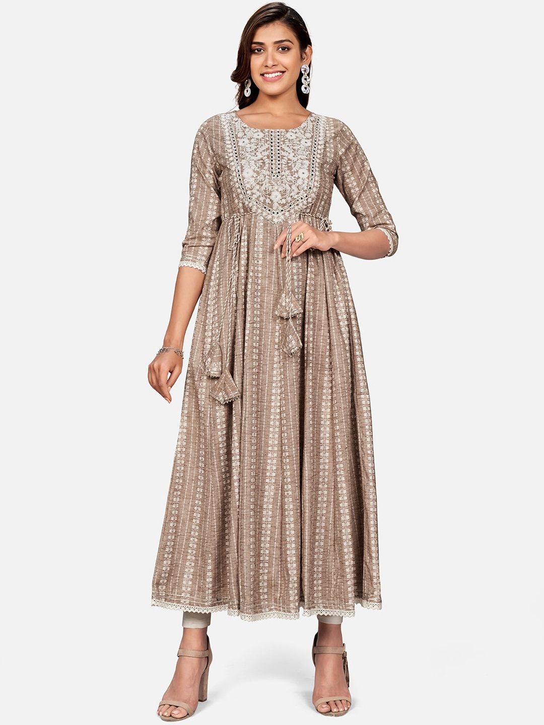 

Vbuyz Women Brown Ethnic Motifs Striped Flared Sleeves Thread Work Anarkali Kurta