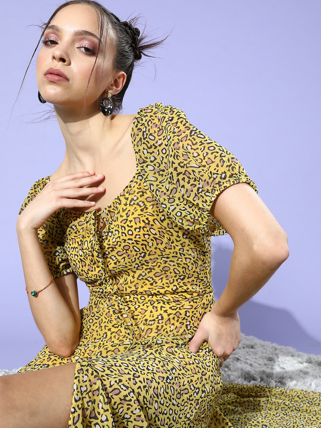 

DODO & MOA Women Yellow Animal Puff Sleeves Dress