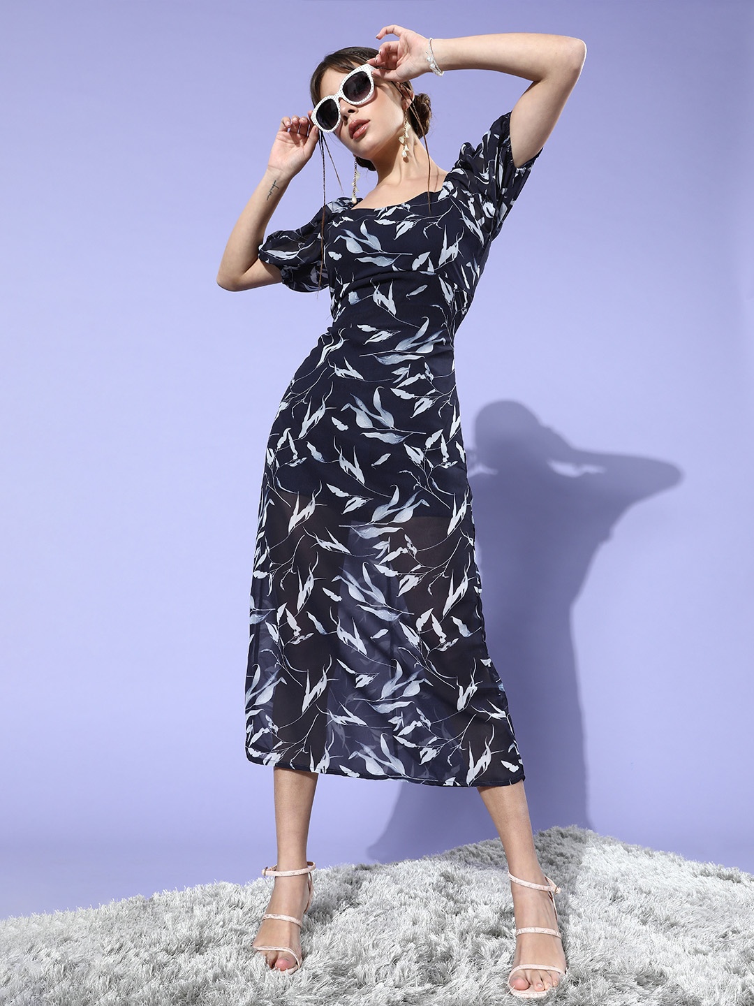 

DODO & MOA Women Deep Navy Blue Floral Puff Sleeves Dress