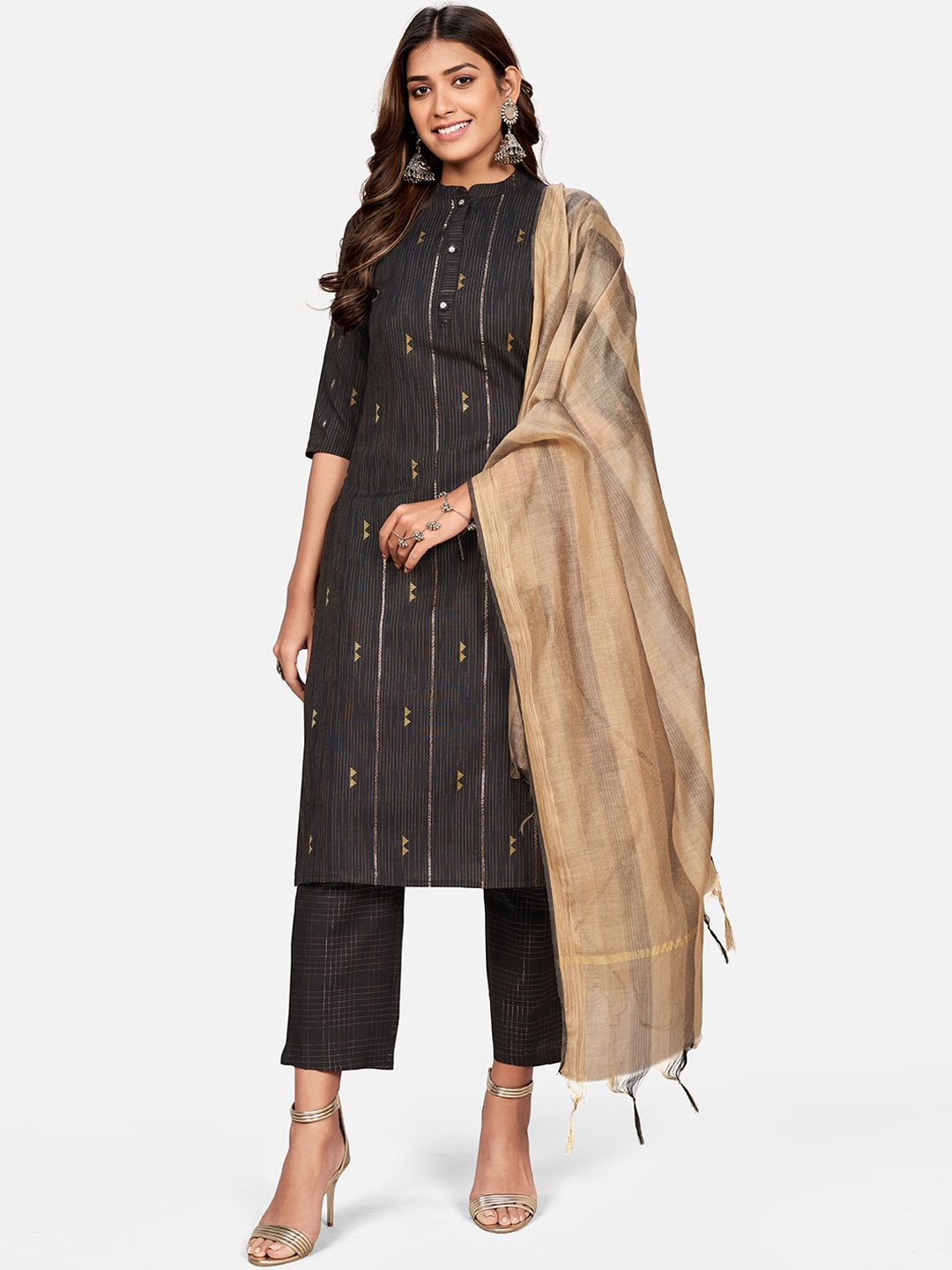 

Vbuyz Women Brown Embroidered Pure Cotton Kurti Set With Dupatta