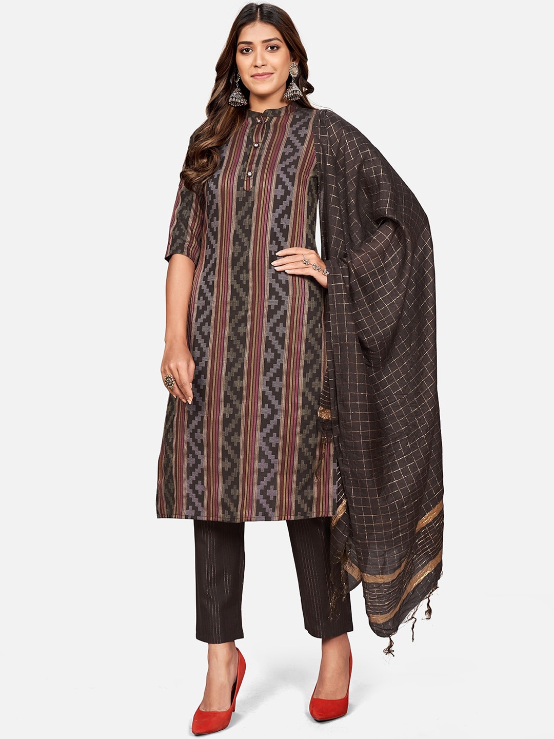 

Vbuyz Women Brown Abstract Printed Cotton Blend Kurta with Trousers & Dupatta