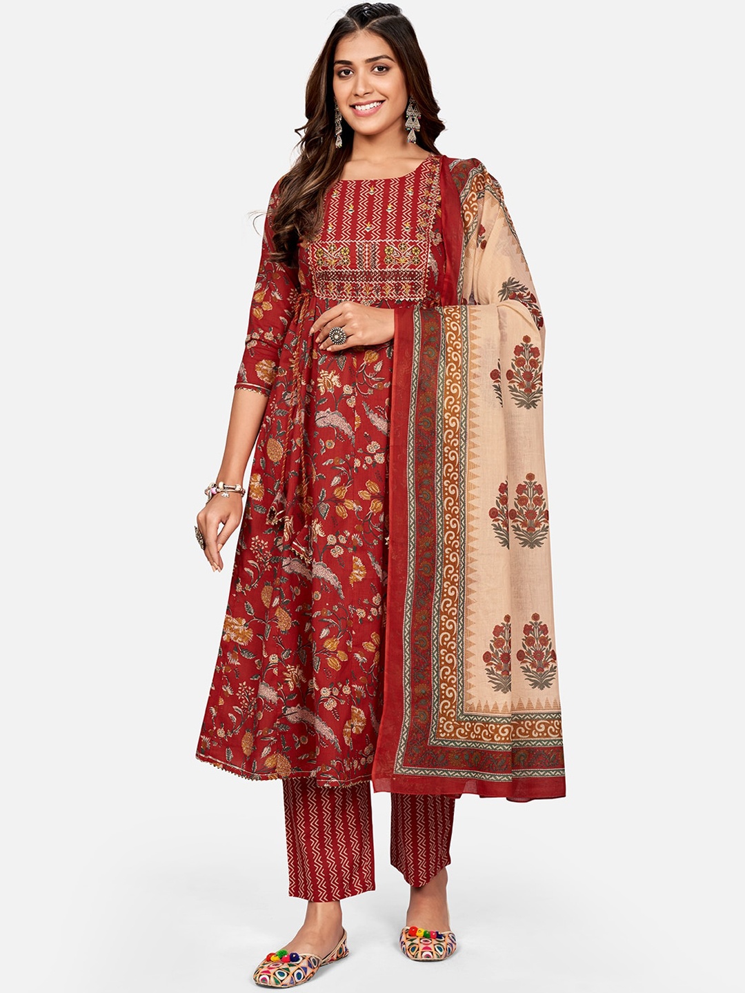 Vbuyz Women Red Ethnic Motifs Printed Pure Cotton Kurta with Trousers & With Dupatta
