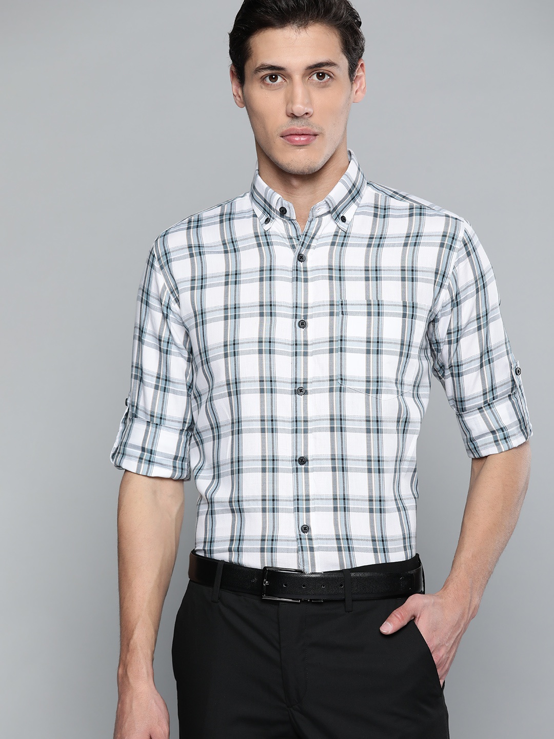 

DENNISON Men White & Black Pure Cotton Smart Fit Tartan Checks Checked Formal Shirt