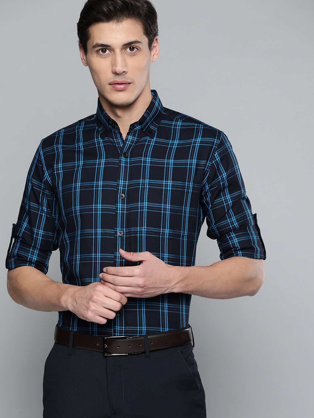 

DENNISON Men Blue & Black Smart Fit Tartan Checks Checked Formal Shirt