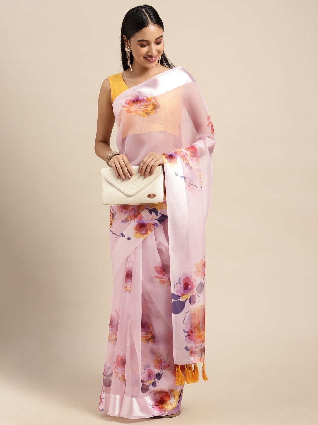 

VASTRANAND Pink Floral Organza Saree