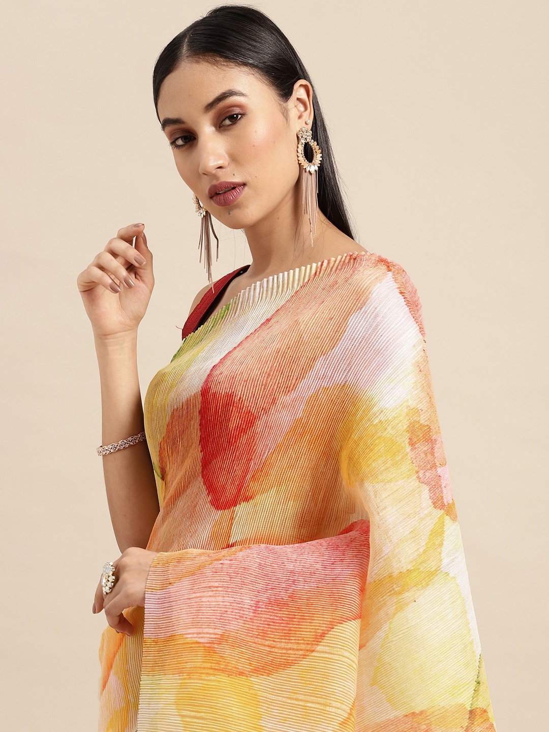

VASTRANAND Yellow & Pink Batik Linen Blend Saree