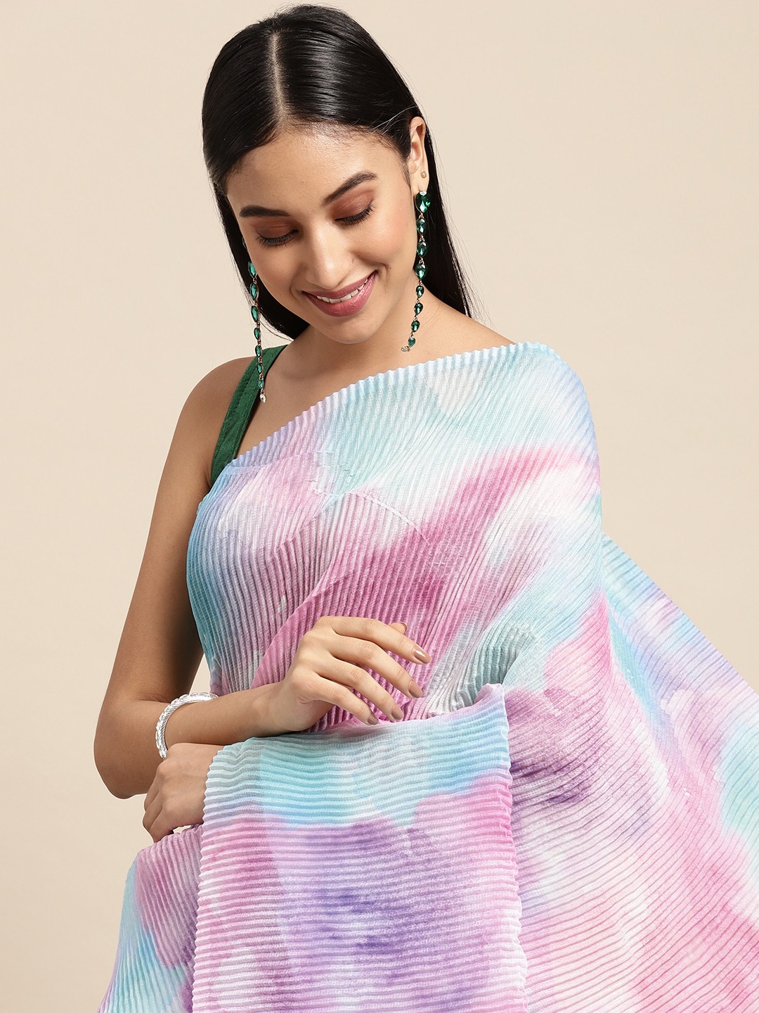 

VASTRANAND Blue & Pink Batik Linen Blend Saree