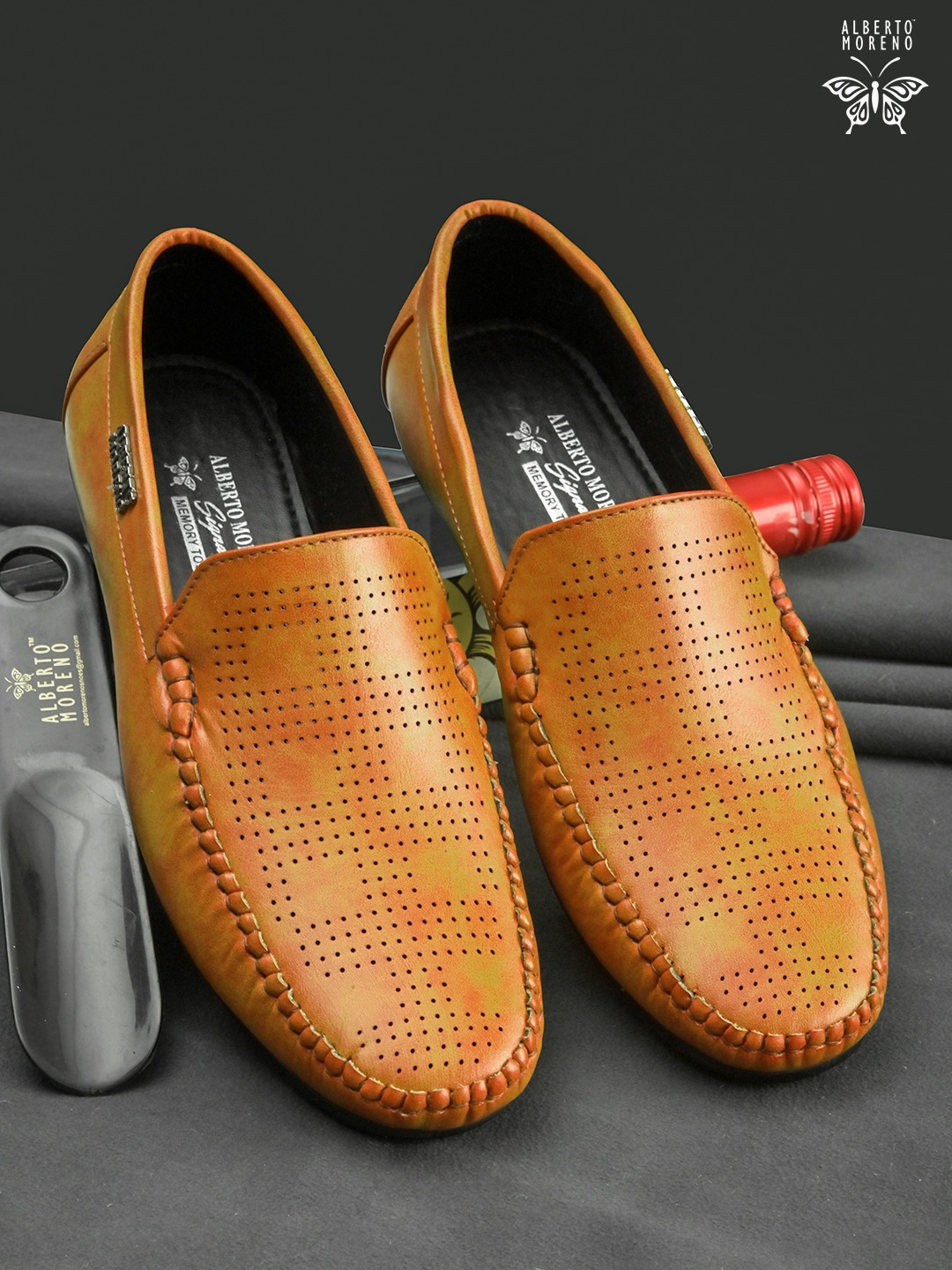 

ALBERTO MORENO Men Tan Perforations Slip-On Sneakers