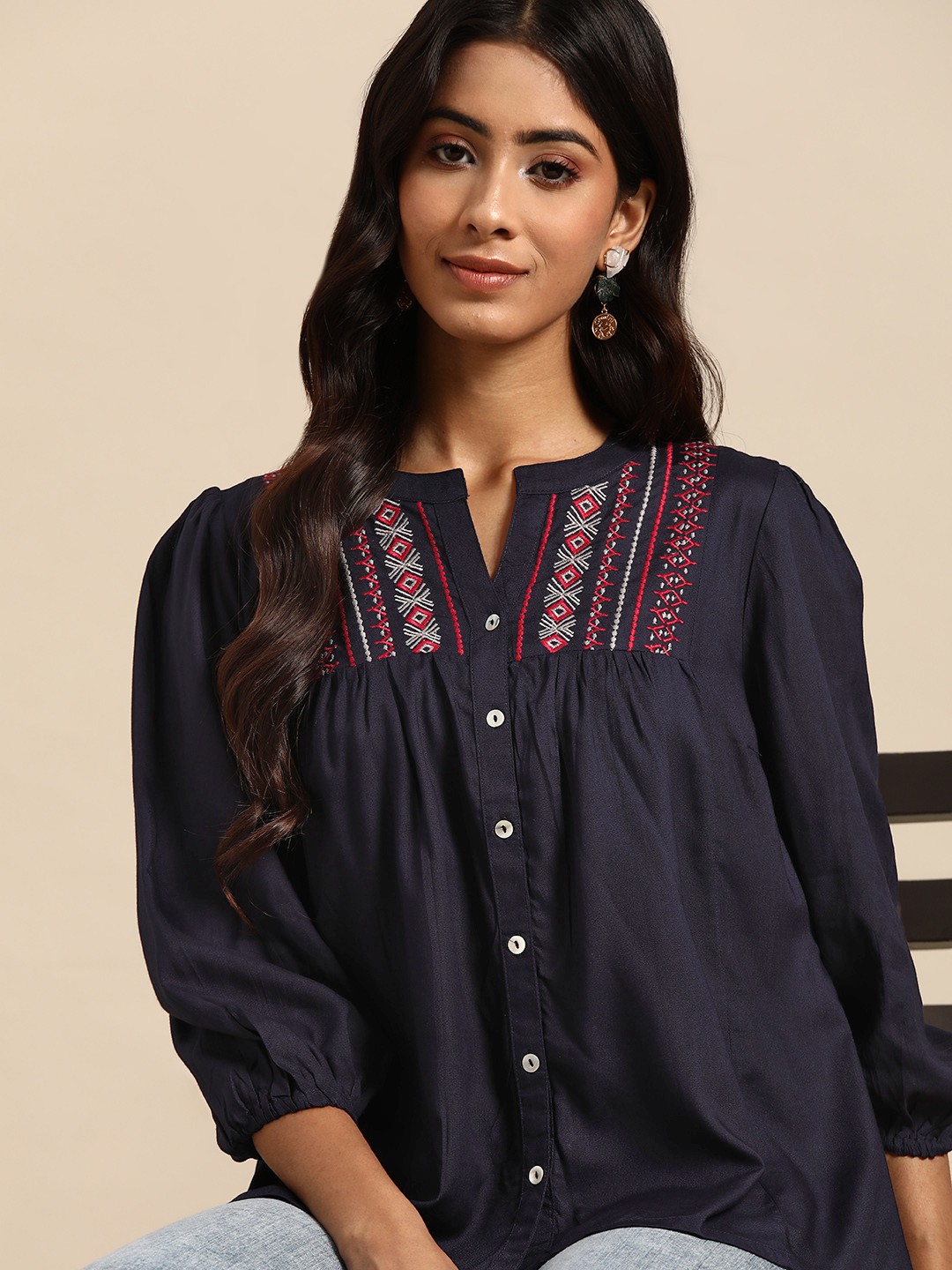 

all about you Women Embroidered Mandarin Collar Casual Shirt, Navy blue