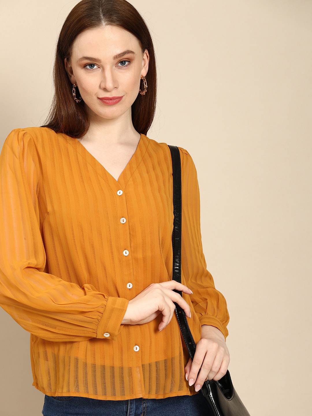 

all about you Women Mustard Yellow Self Design Stripes V-Neck Casual Shirt