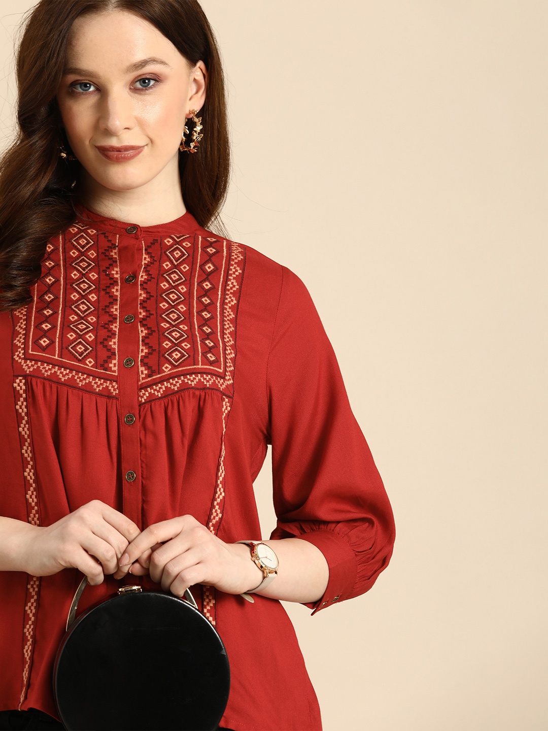 

Routes by All About You Brown & Multicoloured Embroidered Mandarin Collar Empire Top