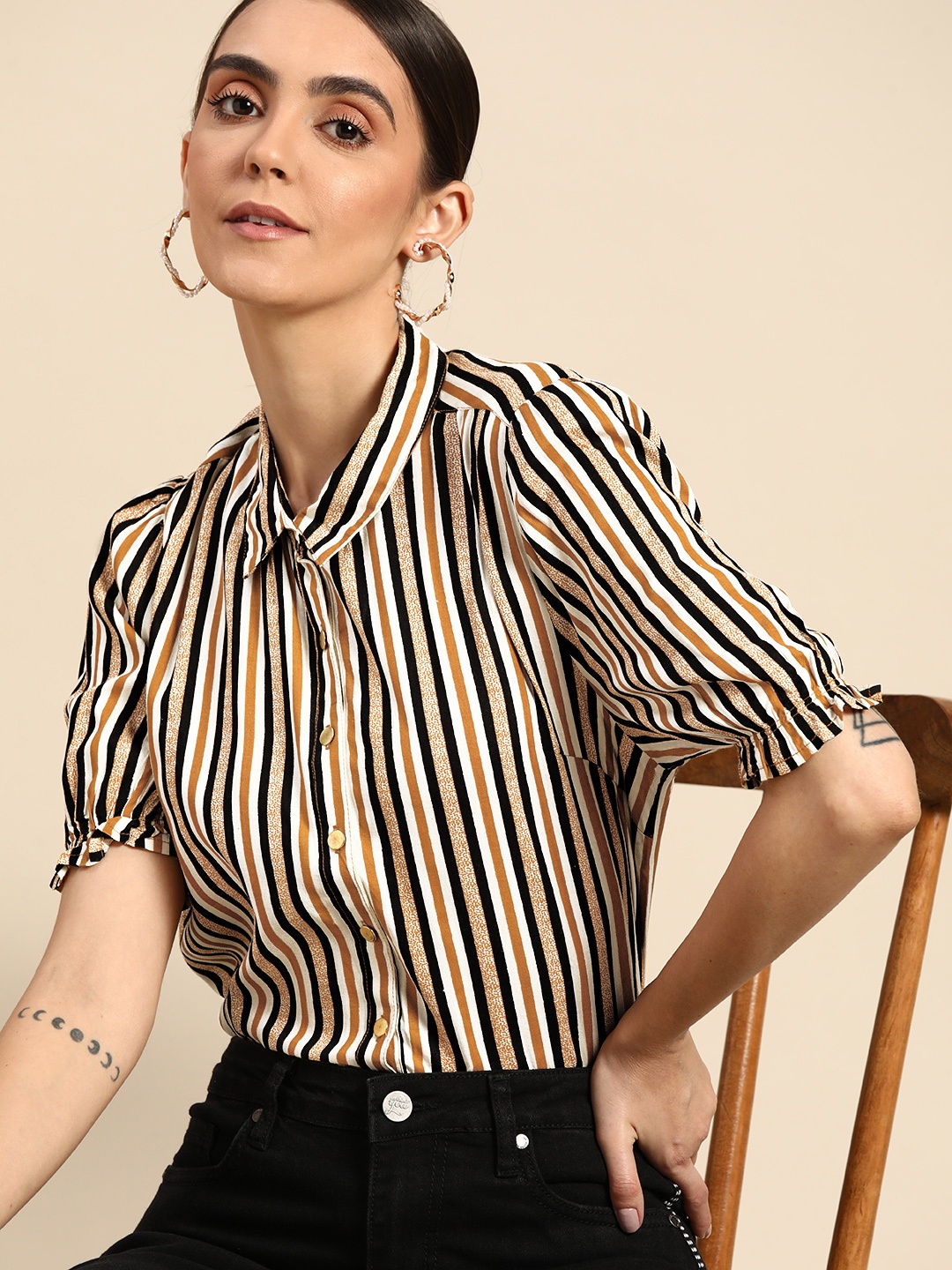

all about you Women Black & Off-White Striped Casual Shirt