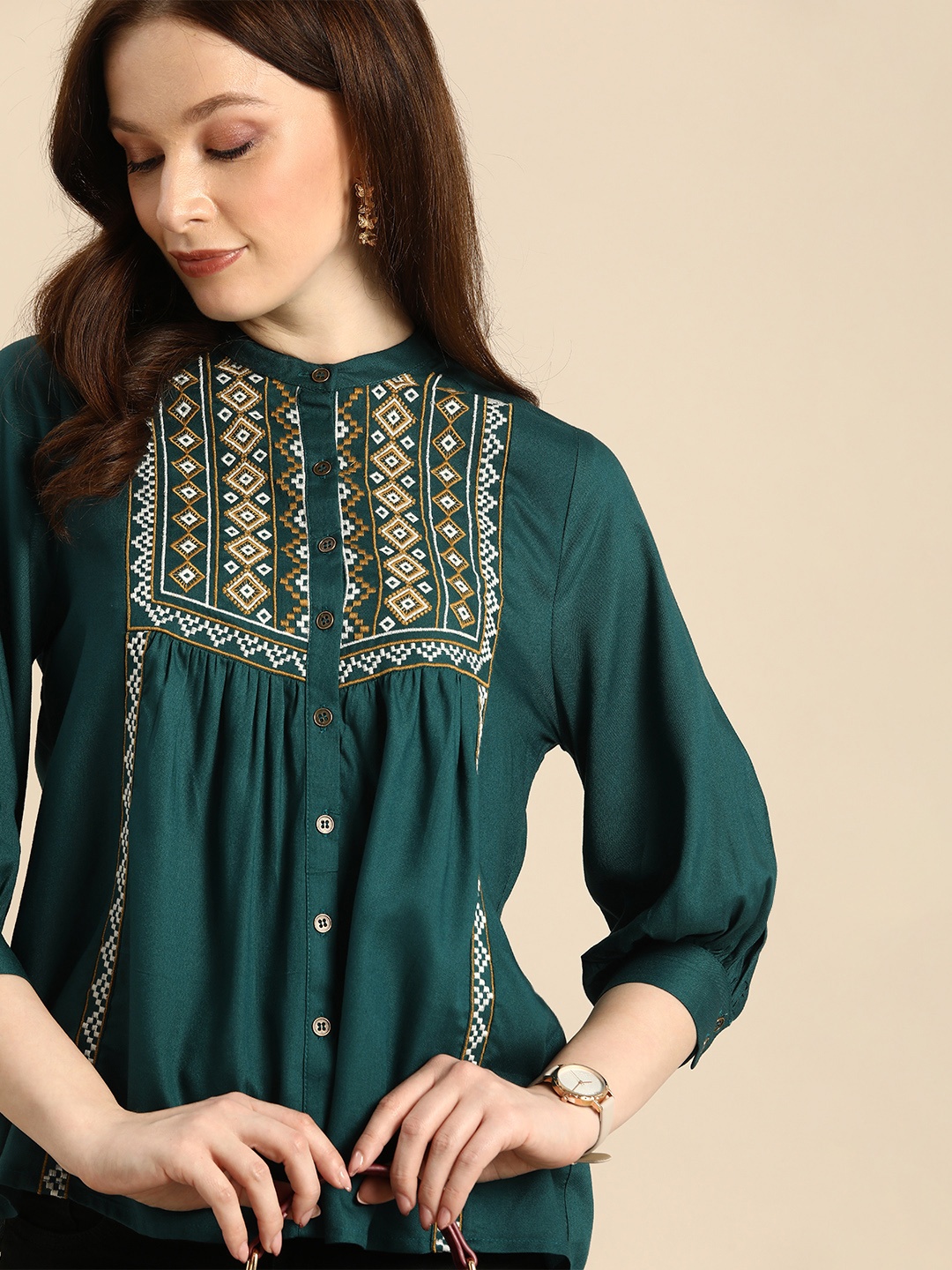 

all about you Teal & Multicoloured Embroidered Mandarin Collar Empire Top