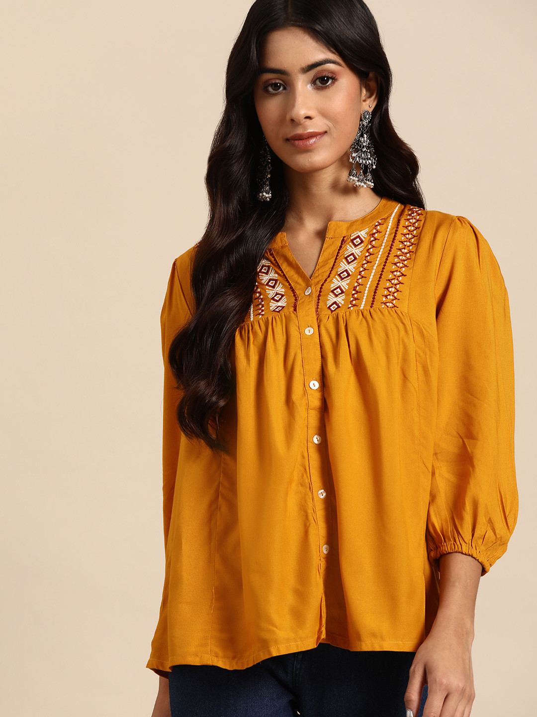 

all about you Women Embroidered Mandarin Collar Casual Shirt, Mustard